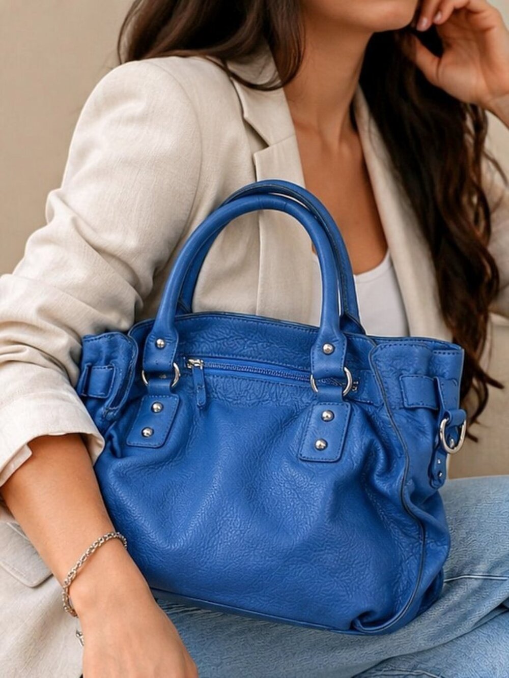 New Genuine Italian Leather Satchel Vibrant Luciana Verde Handbag – Cobalt Blue - Picture 4 of 9